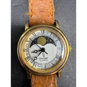 Vtg Consort Moon Phase Gold Tone Women's Quartz Date Watch Brown Leather Watch